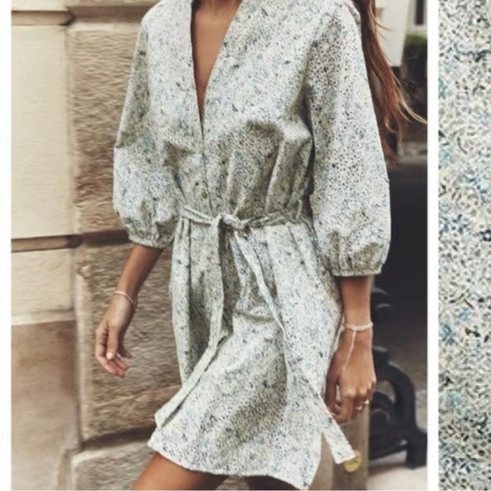Zara Womens Bamboo Blend Floral Printed Shirt Dress Blue White